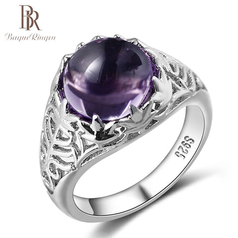 Bague Ringen Vintage 100% 925 Sterling Silver Round Natural Amethyst Wedding Engagement Rings For Women Fine Jewelry Size 6-10
